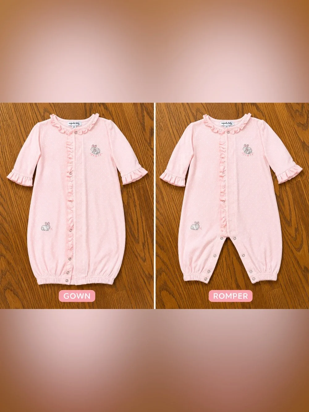 Like New 0-6mo. Magnolia Baby Pink Convertible Gown/Pants Ruffle/Bunny Embroider